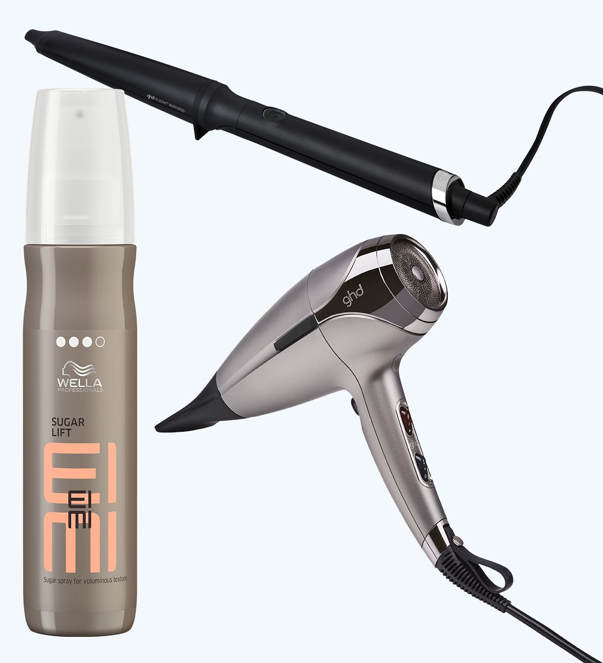 Wella Professionals, спрей Sugar Lift EIMI; ghd, плойка curve creative curl wand; ghd, фен Helios