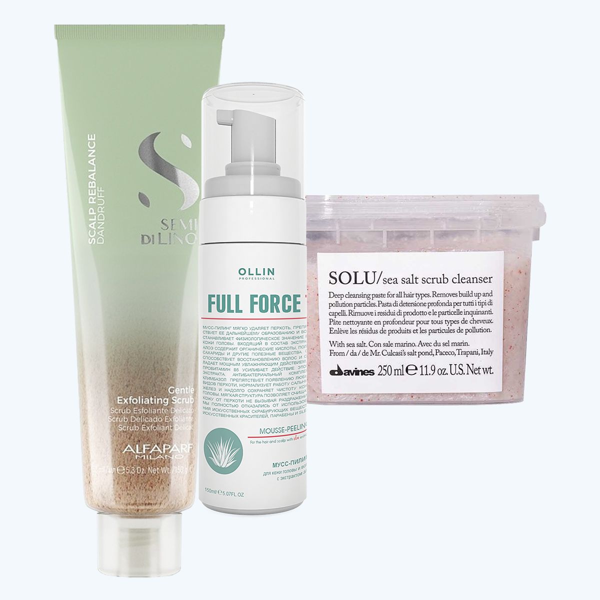 Alfaparf Milano Semi Di Lino Scalp Rebalance Dandruff Gentle Exfoliating Scrub; Ollin Professional Full Force Mousse-Peeling For Hair & Scalp With Aloe Extract; Davines Solu Sea Salt Scrub Cleanser