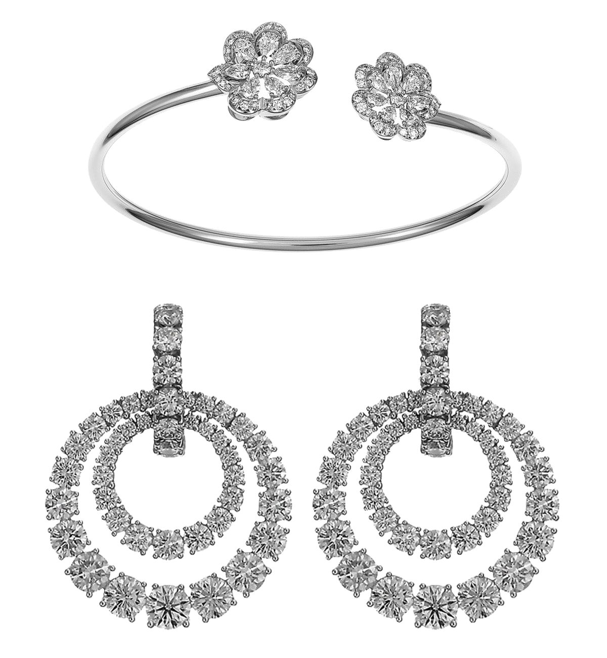 Браслет Chopard из коллекции Precious Lace из 18-каратного белого золота с бриллиантами 1,85 карата; серьги Chopard из коллекции L'Heure du Diamant с бриллиантами 9,29 карата Браслет Chopard из коллекции Precious Lace; серьги Chopard из коллекции L'Heure du Diamant