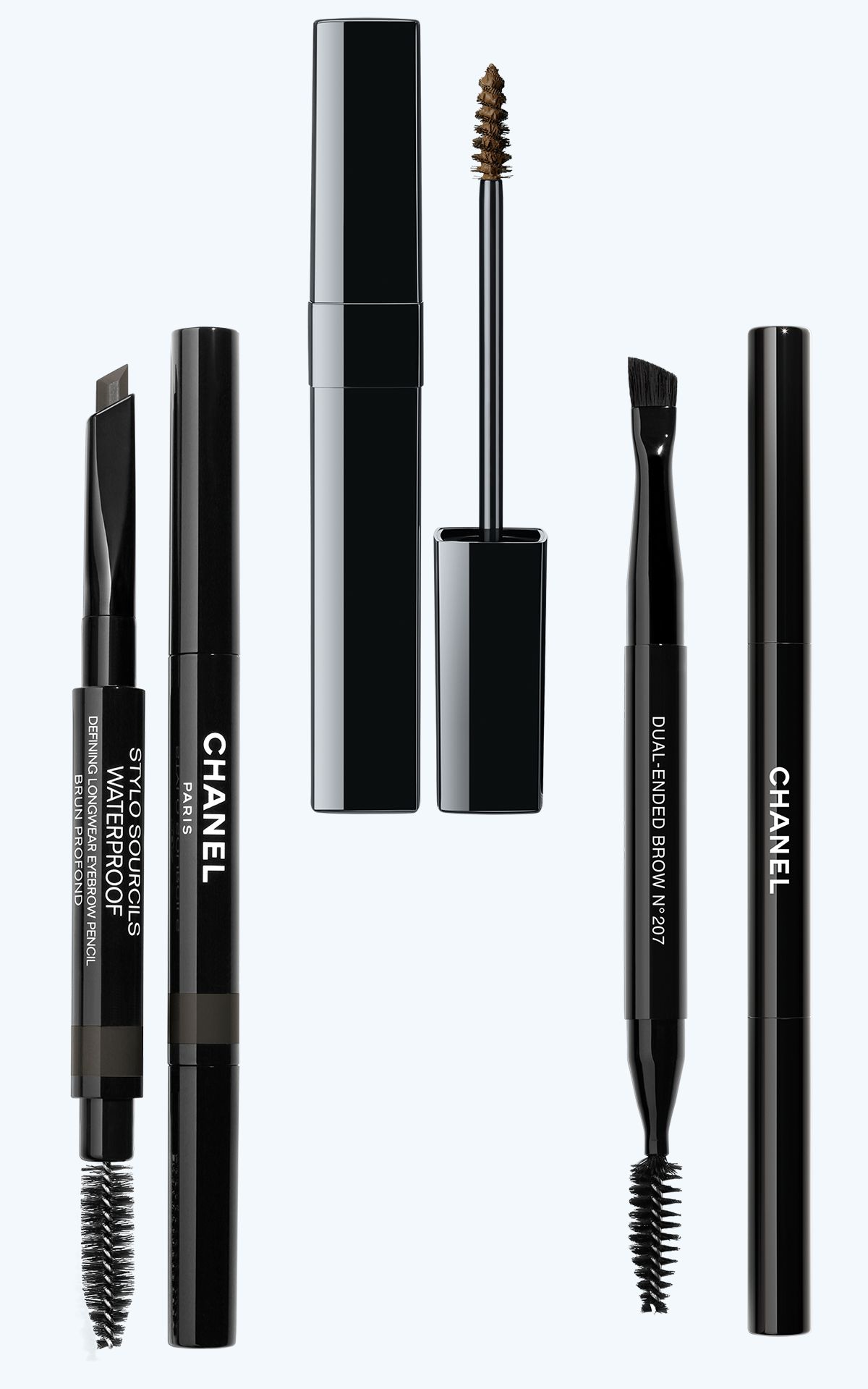 Chanel, Stylo Sourcils Waterproof; Le Gel Sourcils, оттенок 370 Brun; Pinceau Duo Sourcils N°207
