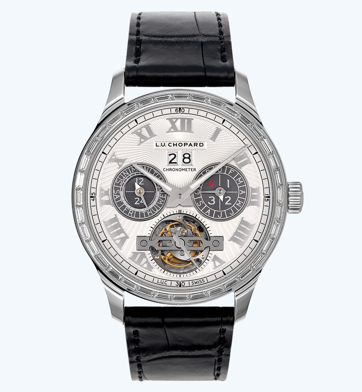 Часы Chopard L.U.C Perpetual T из 18-каратного белого золота с бриллиантами огранки «трапеция» 3,34 карата Часы Chopard L.U.C Perpetual T из 18-каратного белого золота