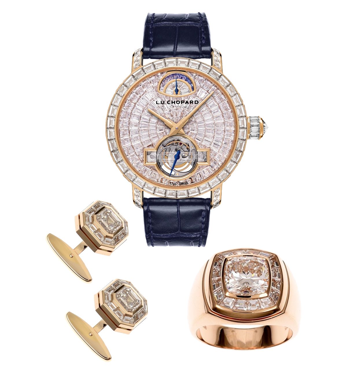 Часы Chopard турбийон L.U.C 1963 с бриллиантами и сапфирами общим весом 32,58 карата; запонки Chopard с бриллиантами изумрудной огранки весом 3,03 карата, 3,01 карата и с бриллиантами огранки «трапеция» 2,46 карата; кольцо Chopard из 18-каратного розового золота с бриллиантами огранки «кушон» 4,05 карата и бриллиантами огранки «трапеция» 1,37 карата Часы Chopard турбийон L.U.C 1963; запонки Chopard; кольцо Chopard