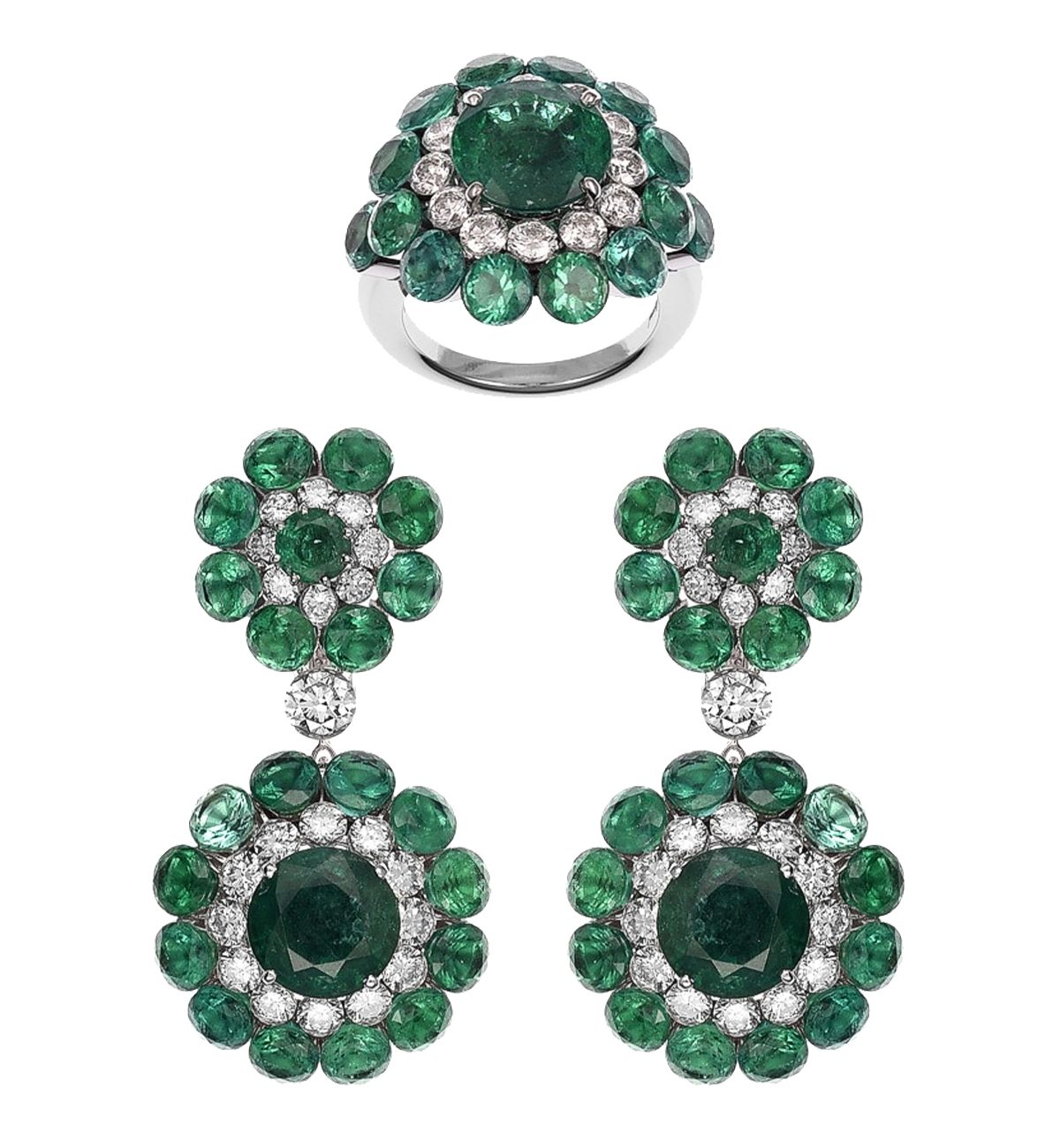 Кольцо Chopard из коллекции Magical Setting с изумрудами 8,02 карата и бриллиантами 1,5 карата; серьги Chopard из 18-каратного белого золота с изумрудами 25,4 карата и бриллиантами 4,94 карата Кольцо Chopard из коллекции Magical Setting; серьги Chopard из 18-каратного белого золота с изумрудами