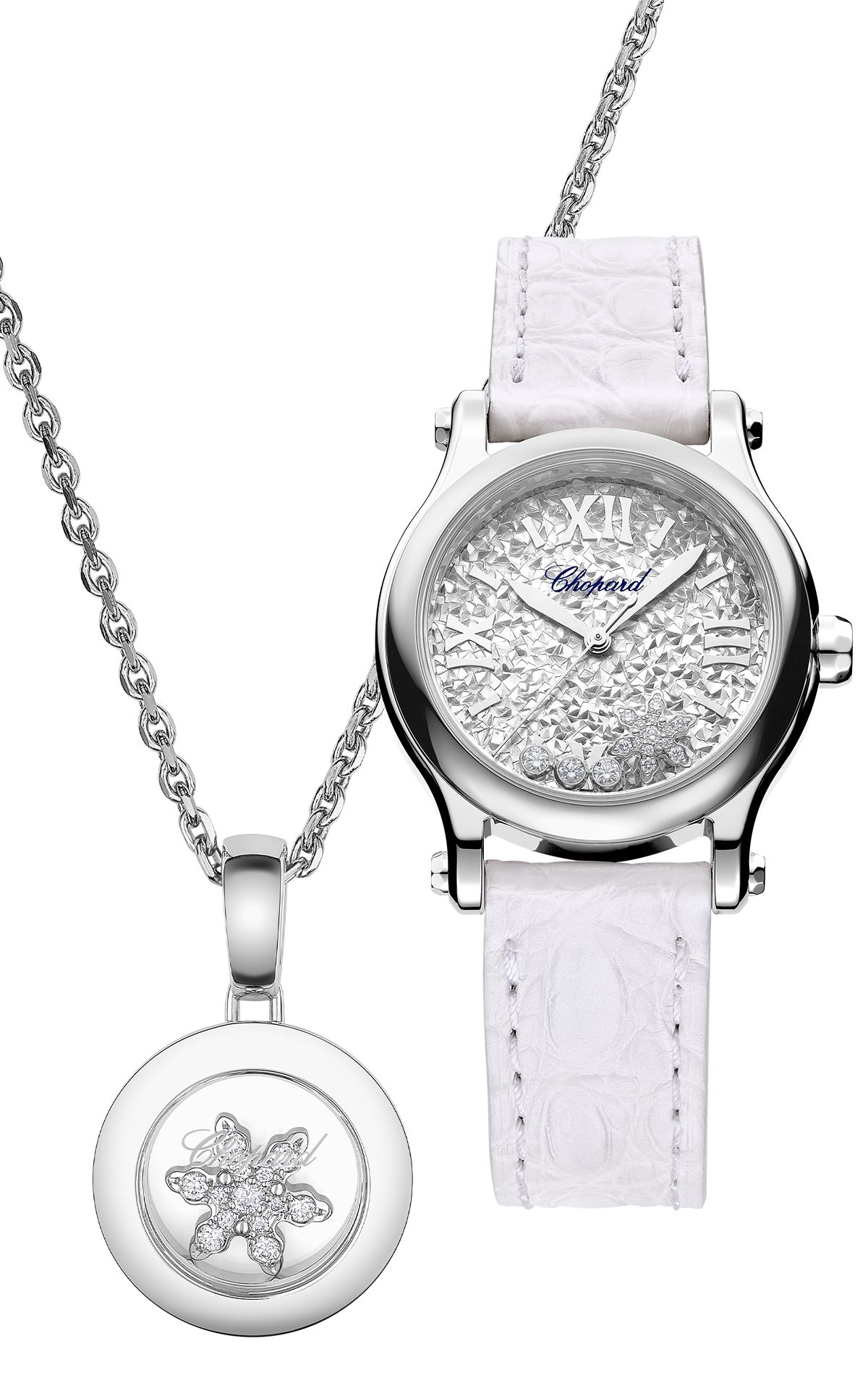 подвеска с подвижной снежинкой; часы Chopard Happy Snowflakes с полированным ободком