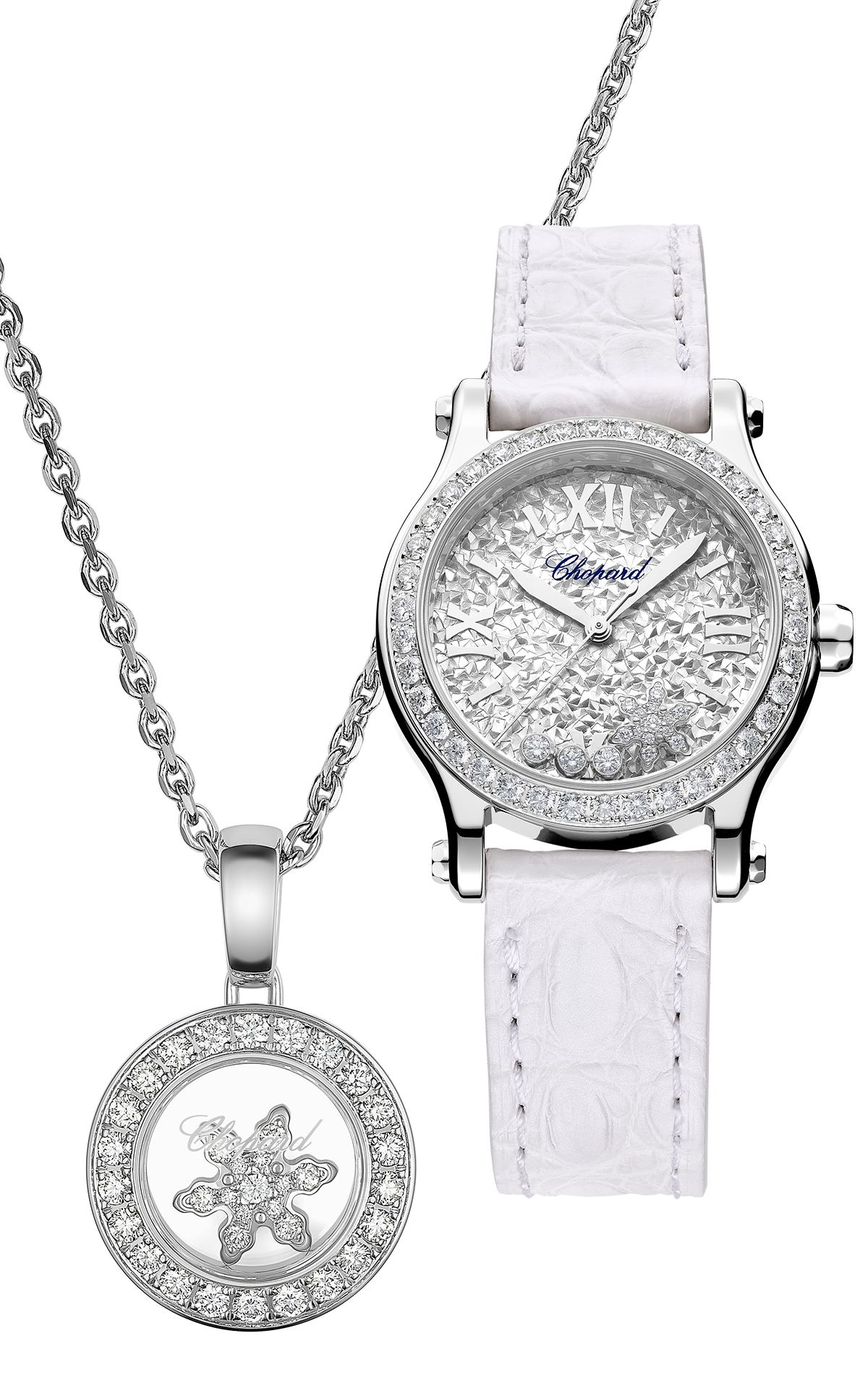 Подвеска из белого золота с подвижной снежинкой и бриллиантами; часы Chopard Happy Snowflakes с ободком с бриллиантами