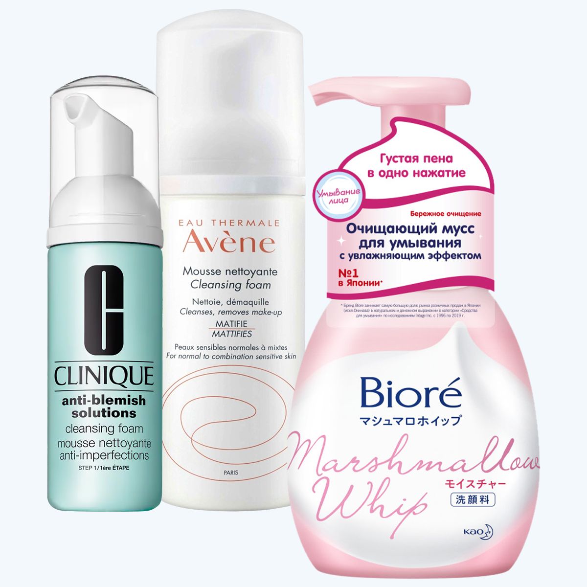 Clinique Anti-Blemish Solutions, Avene Cleansing Foam Matifie, Biore Cleansing Mousse