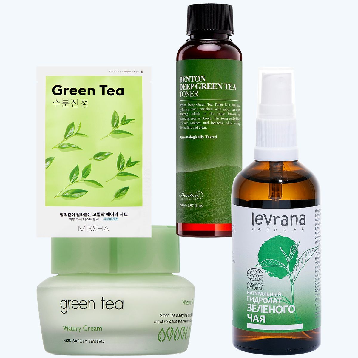 Missha Airy Fit Green Tea, Benton Deep Green Tea, It's Skin Green Tea Watery, Levrana гидролат зеленого чая