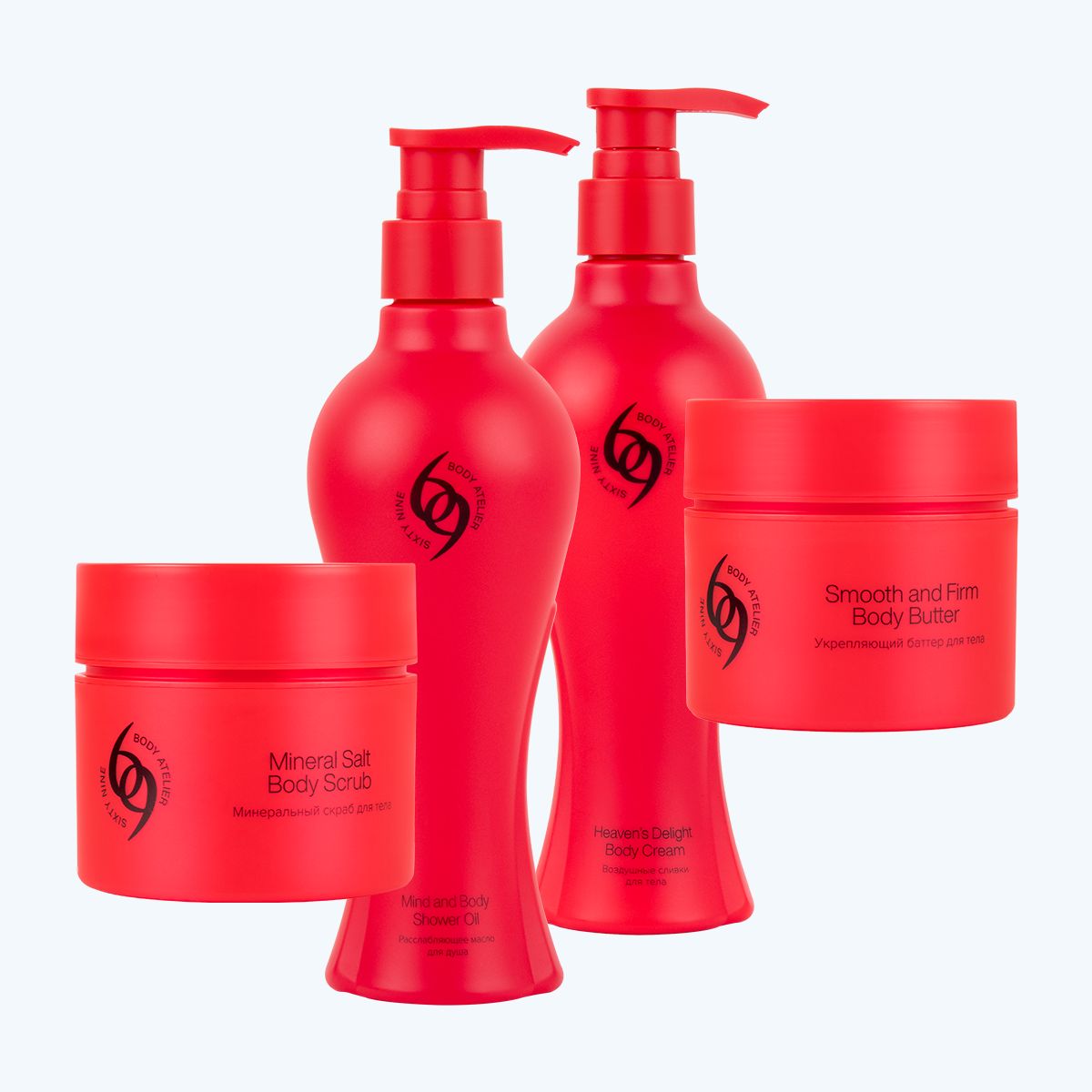 Коллеккция 69 Body Atelier Sixty Nine: Mineral Salt Body Scrub,  Mind and Body Shower Oil, Heaven’s Delight Body Cream, Smooth and Firm Body Butter 