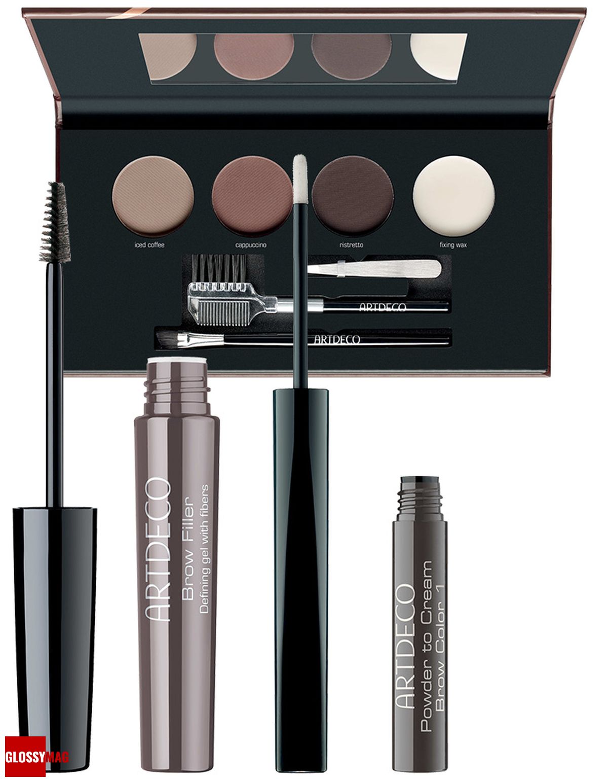 Artdeco, палетка для бровей Most Wanted Brows Palette; гель-филлер для бровей Brow Filler, оттенок No.3 Brown; крем-пудра для бровей Powder to Cream Brow Color, оттенок No.1 Dark