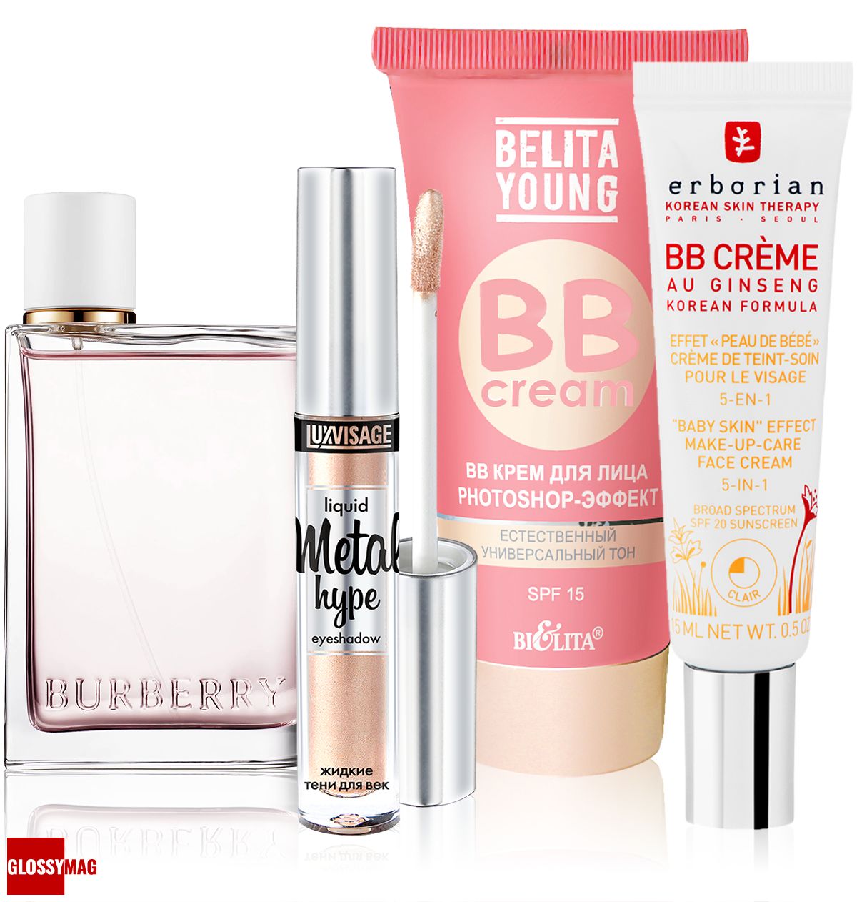 Burberry Blossom, Luxvisage Metal Hype, Belita Photoshop-эффект, Erborian Clair Burberry, Blossom; Luxvisage, жидкие тени Metal Hype; Belita, BB крем для лица Photoshop-эффект; Erborian, BB-крем с женьшенем Clair