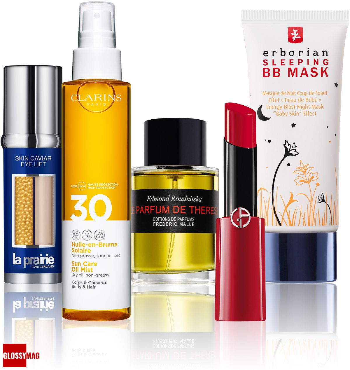 La Prairie, Clarins, Frédéric Malle, Giorgio Armani, Erborian La Prairie Skin Caviar Eye Lift, Clarins Huile-en-Brume Solaire SPF 30, Frédéric Malle Le parfum de Thérèse, Giorgio Armani Ecstasy Shine, Erborian Sleeping BB Mask