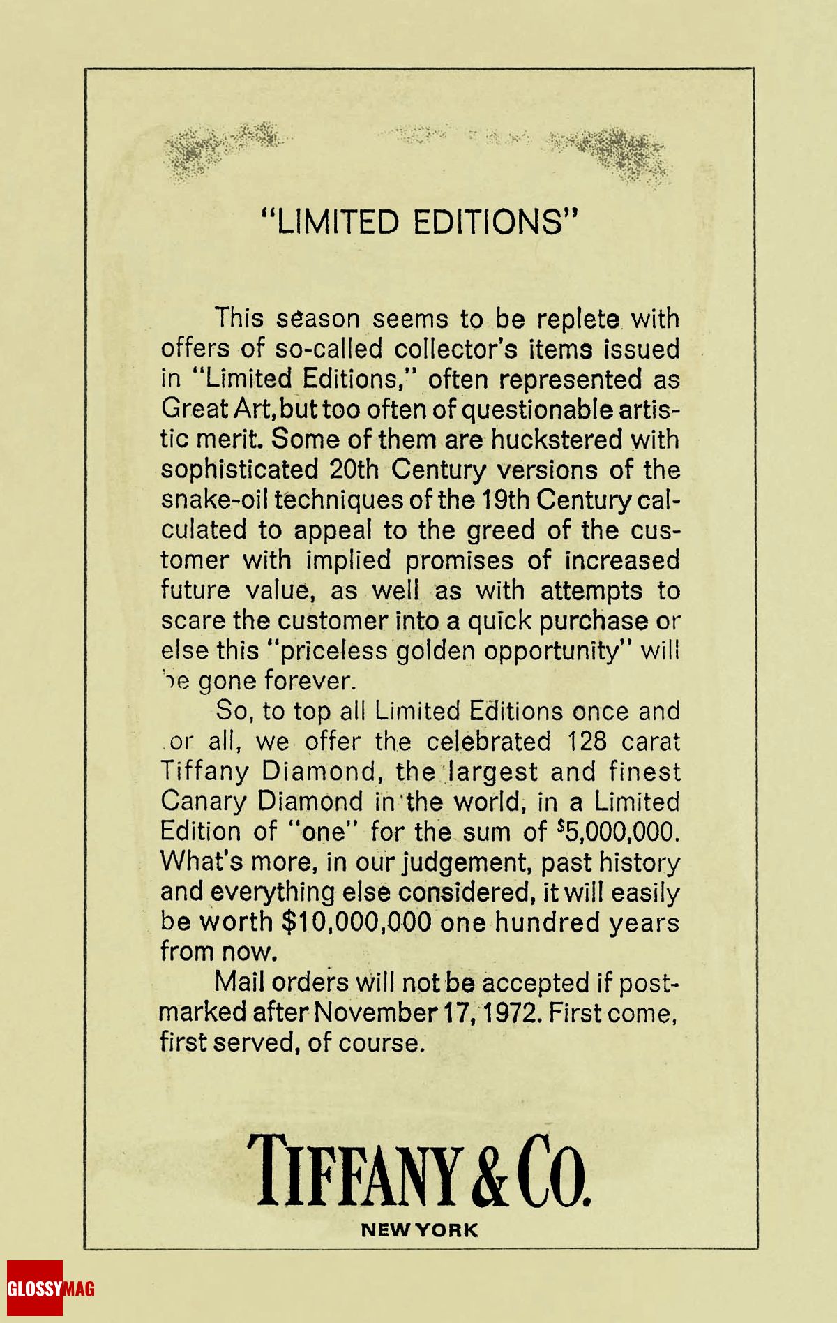 Реклама Tiffany & Co. в номере New York Times за 1972 год