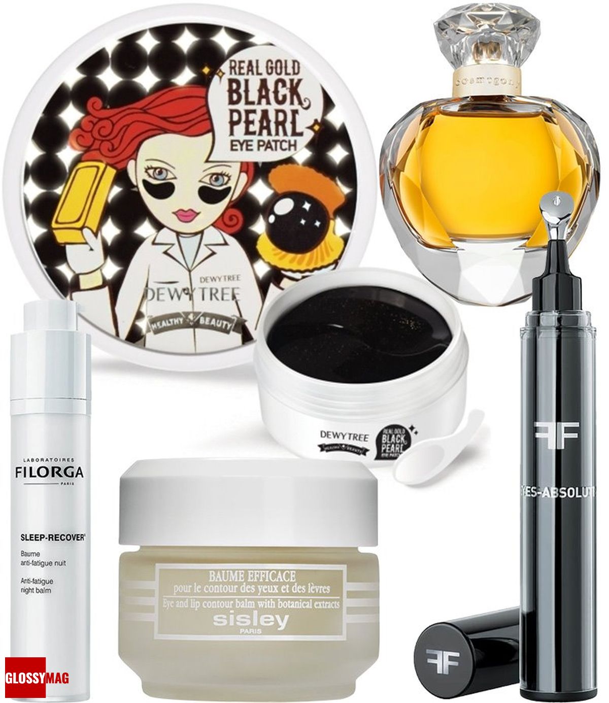 Dewytree, патчи под глаза с золотом и черным жемчугом Real gold black pearl; Brocard, Cosmogony Sun Light; Filorga, ночной крем Sleep-Recover; Sisley, гель для глаз и губ Baume Efficace; Filorga, комплексный уход за кожей контура глаз Eyes Absolute
