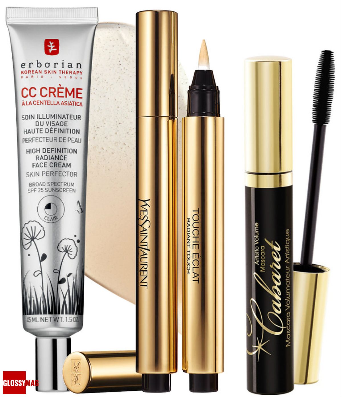 Erborian CC Crème High Definition Radiance Face Cream Skin Perfector, Yves Saint Laurent Touche Éclat Radiant Touch, Vivienne Sabo Cabaret Erborian, CC Crème High Definition Radiance Face Cream Skin Perfector; Yves Saint Laurent, корректирующий карандаш Touche Éclat Radiant Touch; Vivienne Sabo, тушь для ресниц Cabaret