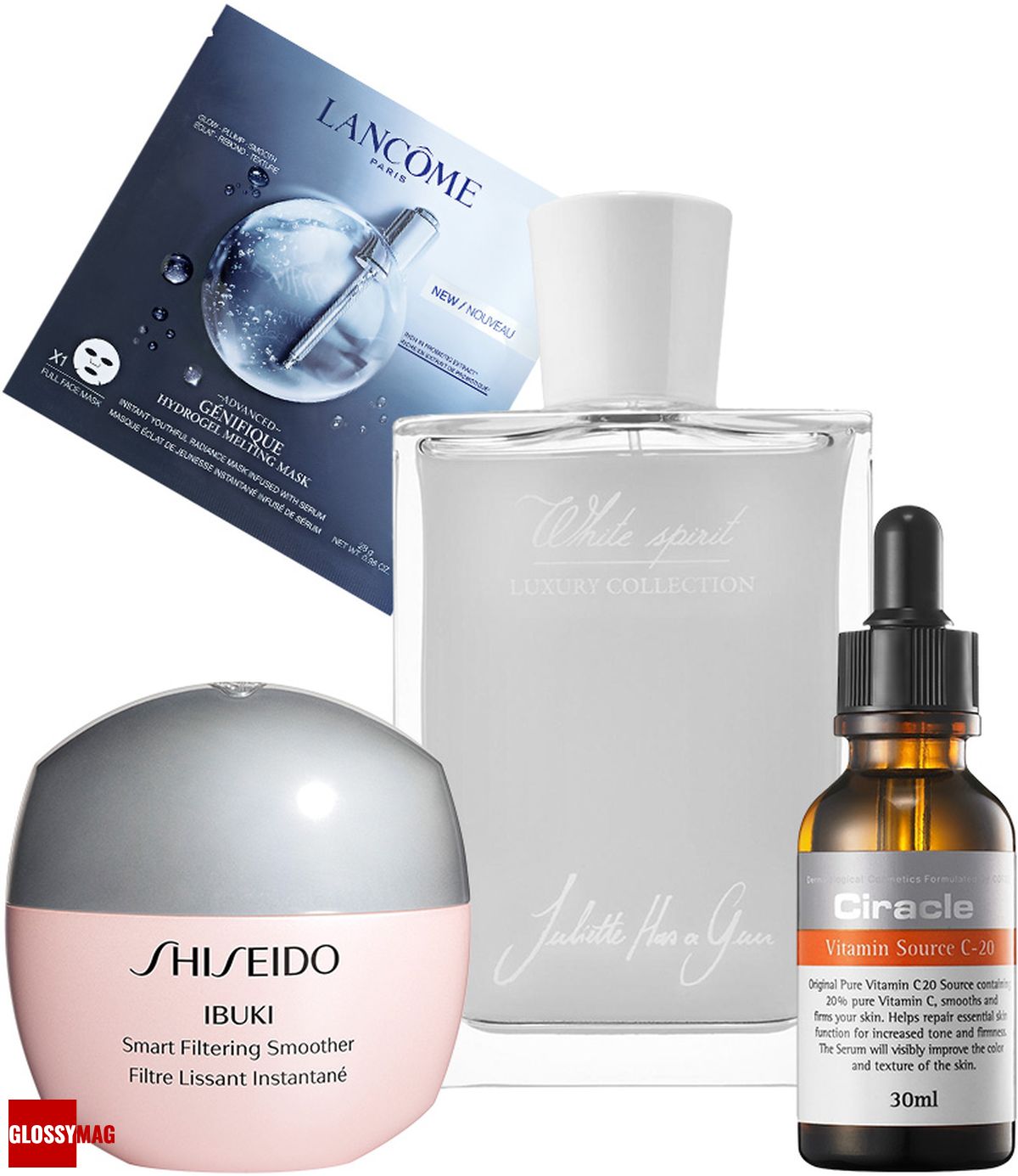 Lancôme, гидрогелевая маска для сияния кожи Advanced Genifique Hydrogel Melting Mask Set; Shiseido, корректирующая сыворотка Ibuki Smart Filtering Smoother; Juliette Has a Gun, White Spirit; Ciracle, сыворотка для лица с витамином С
