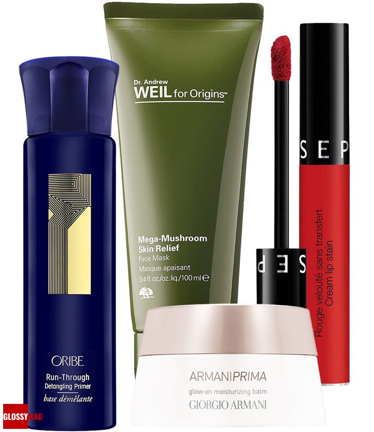 Oribe, спрей-детанглер Run-Through Detangling Primer; Origins, маска для чувствительной кожи лица Dr. Andrew Weil Mega-Mushroom Skin Relief Face Mask; Sephora Collection, жидкая губная помада Cream Lip Stain; Giorgio Armani, увлажняющий бальзам для лица Armani Prima glow-on moisturizing balm