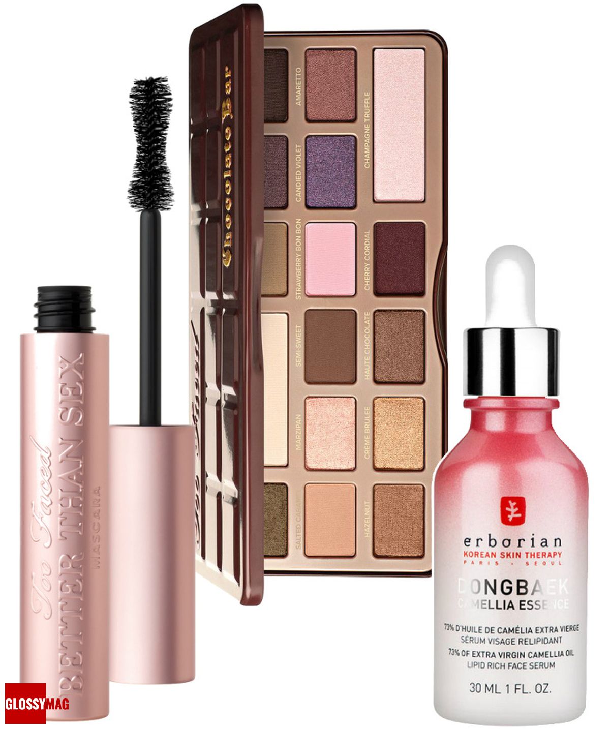 Too Faced, тушь для ресниц объемная Better than Sex; Too Faced, палетка теней с натуральной пудрой какао Chocolate Bar; Erborian, эликсир восстанавливающий Dongbaek Camellia Essence