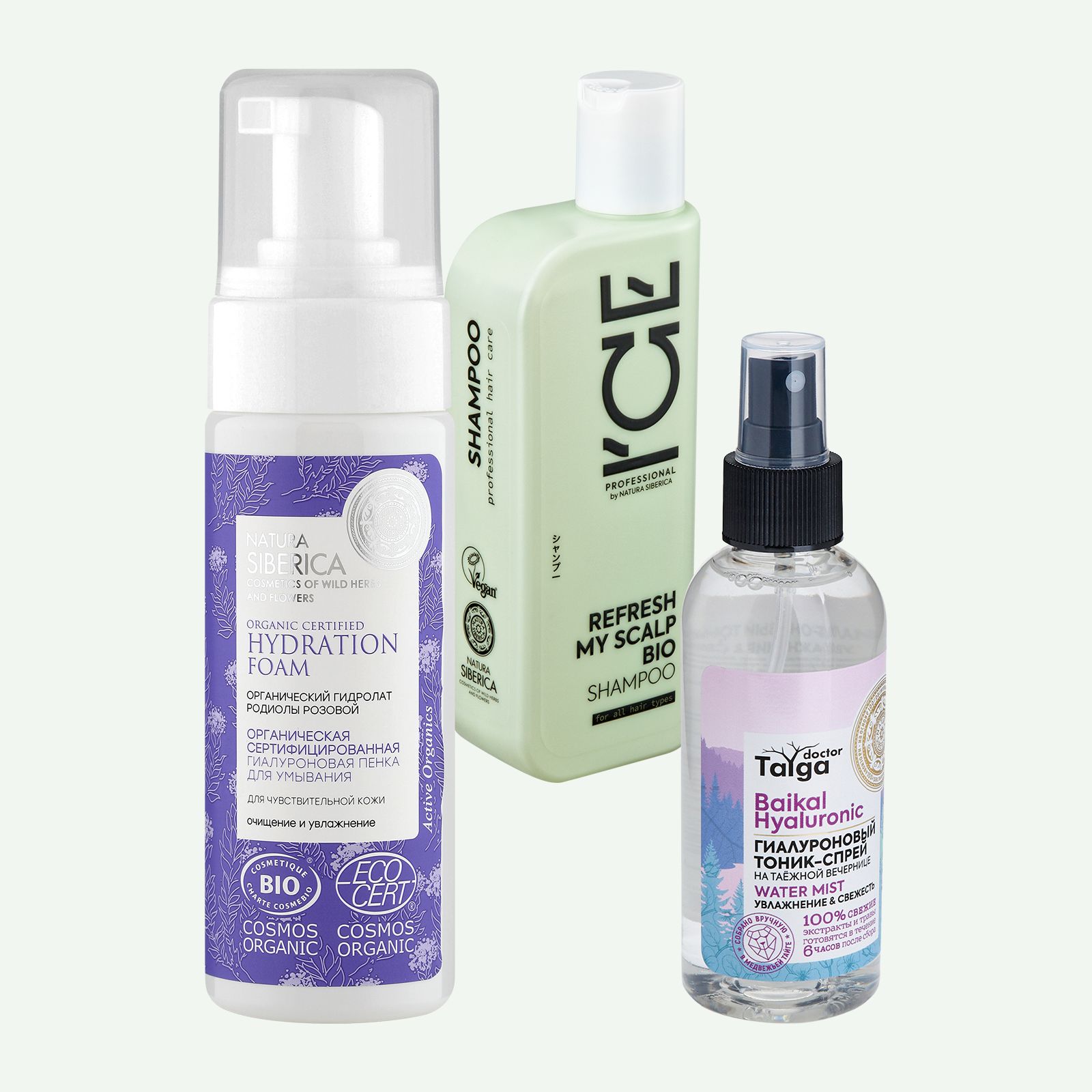 Natura Siberica, COSMOS Комфорт гиалуроновая пенка; I`CE Professional Refresh my scalp; Doctor Taiga Увлажнение & свежесть