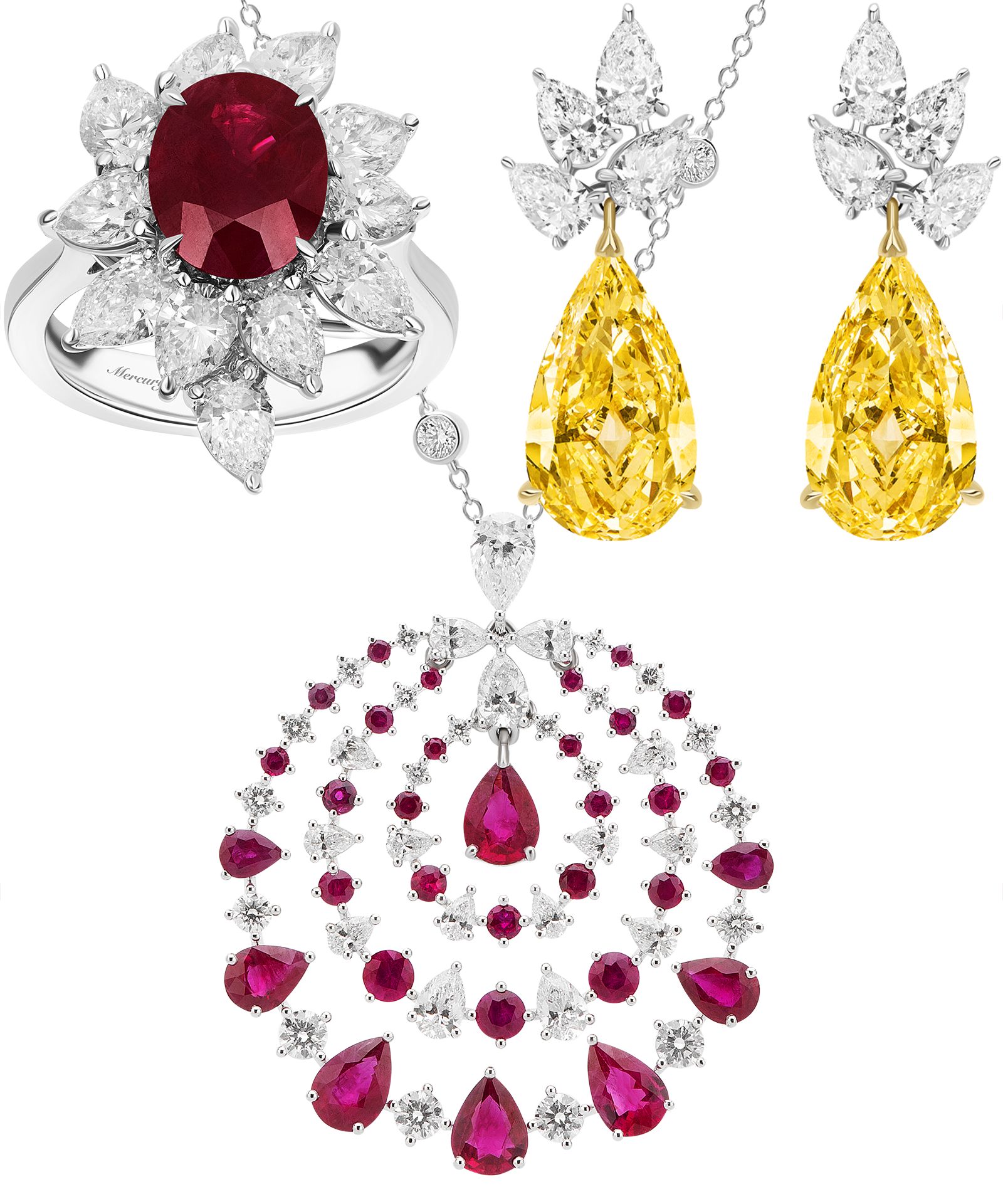 Кольцо Color Flower; серьги из белого и желтого золота; колье Color