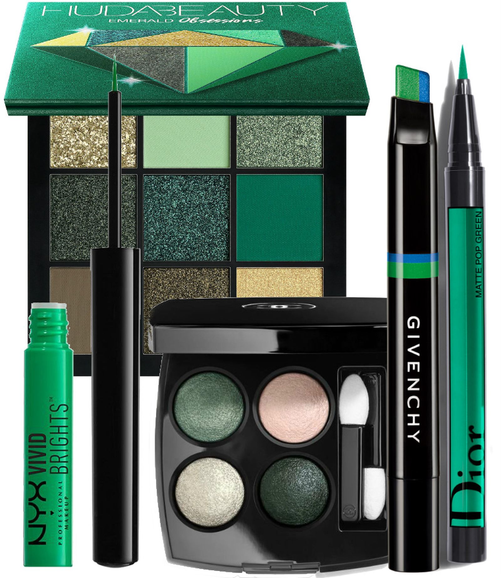 Huda Beauty Obsessions Eyeshadow Palette, NYX Vivid Brights Eyeliner, Chanel Les 4 Ombres, Givenchy Dual Liner The Power Of Color, Dior Diorshow On Stage