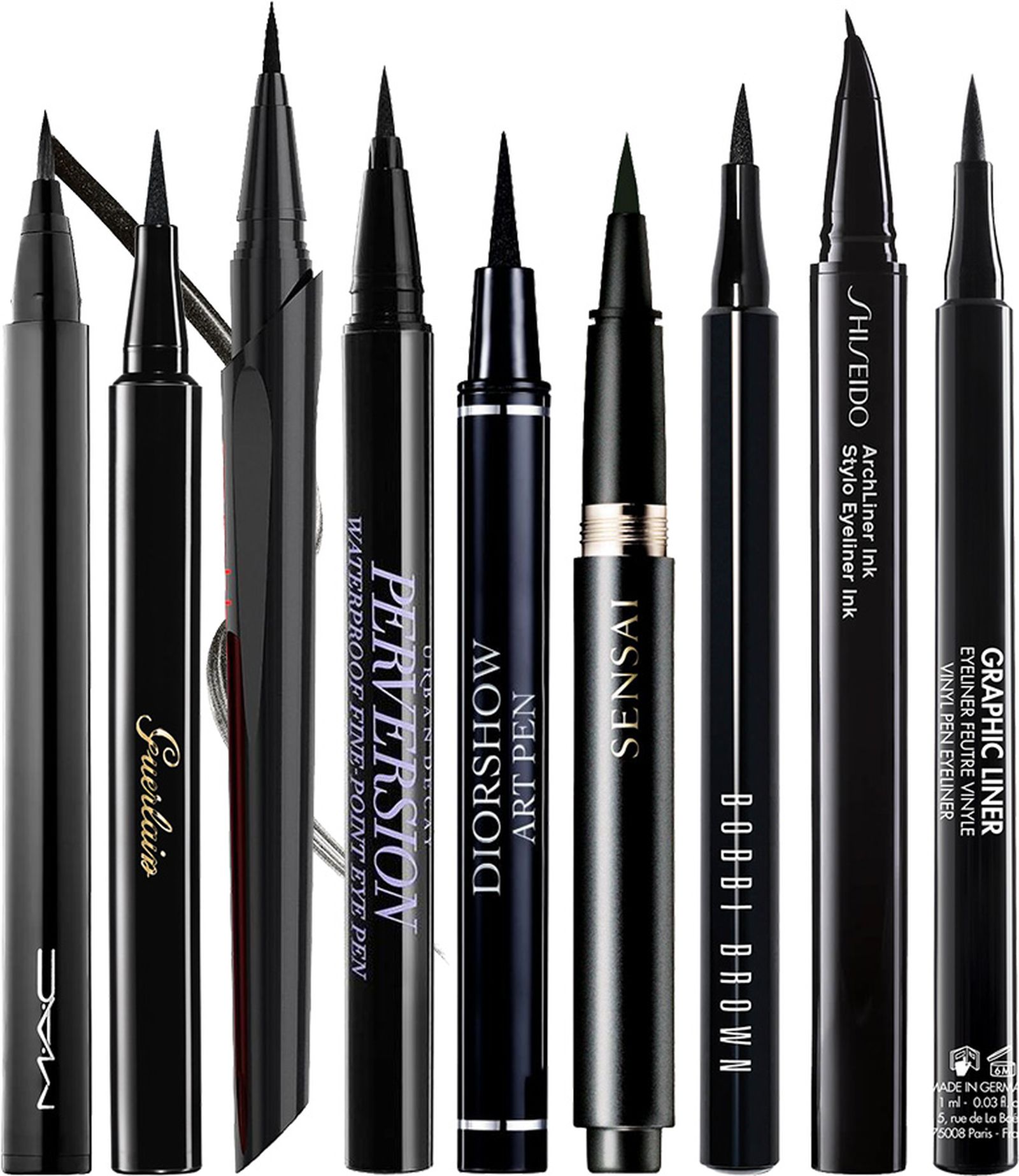 MAC Brushstroke Liner, Guerlain L'Art Du Trait, Smashbox Always On Liquid Eye Liner, Urban Decay Perversion, Dior Diorshow Art Pen, Sensai Liquid eyeliner, Bobbi Brown Ink Liner, Shiseido ArchLiner Ink, Make Up For Ever Graphic Liner