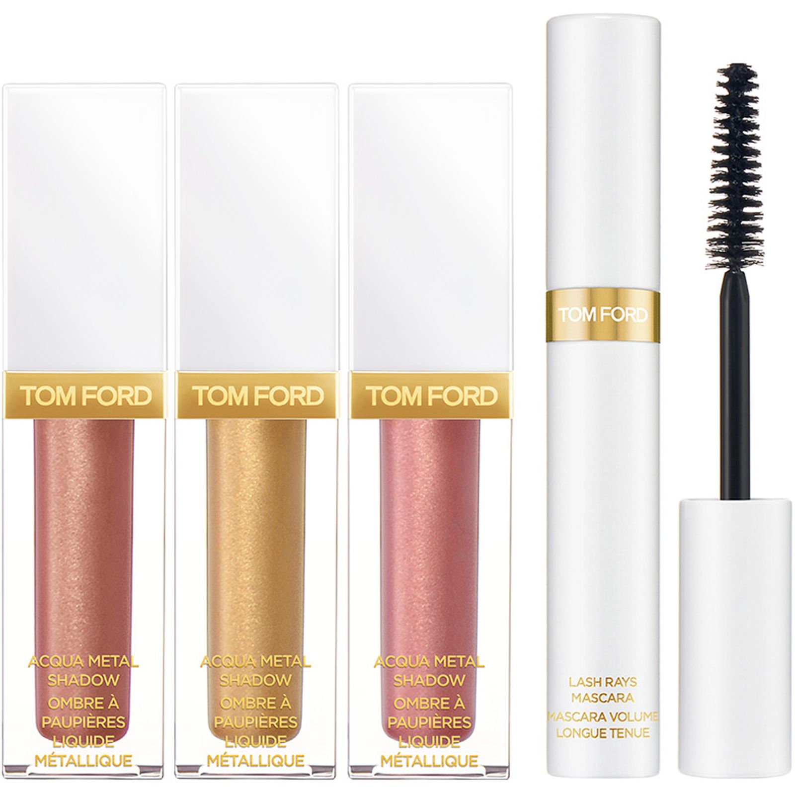 Tom Ford, жидкие тени для век Acqua Metal Shadow, оттенки: Violet Argente, Reflect Gilt, Venus Rising; тушь для ресниц Lash Rays Mascara