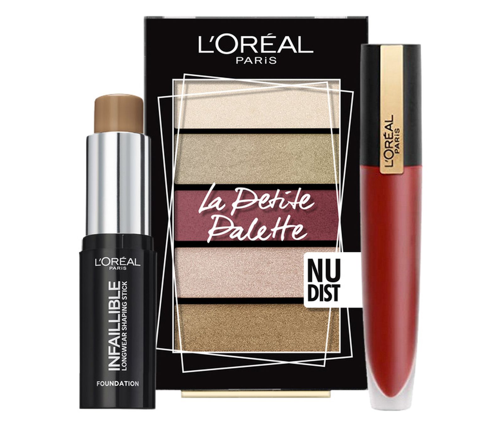 L’Oreal Paris, контурирующий стик Infaillible, оттенок 220; мини-палетка теней для век La Petite Palette, оттенок 02; губная помада-тинт Rouge Signature, оттенок 115 L’Oreal Paris Infaillible, La Petite Palette, Rouge Signature