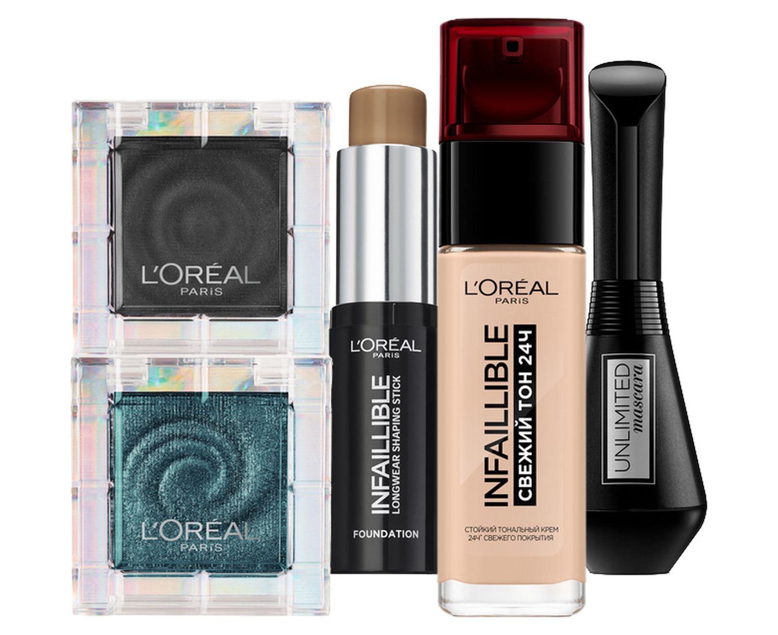 L'Oreal Paris тени для век Color Queen, стик Infaillible, тональный крем Infaillible, тушь для ресниц Unlimited