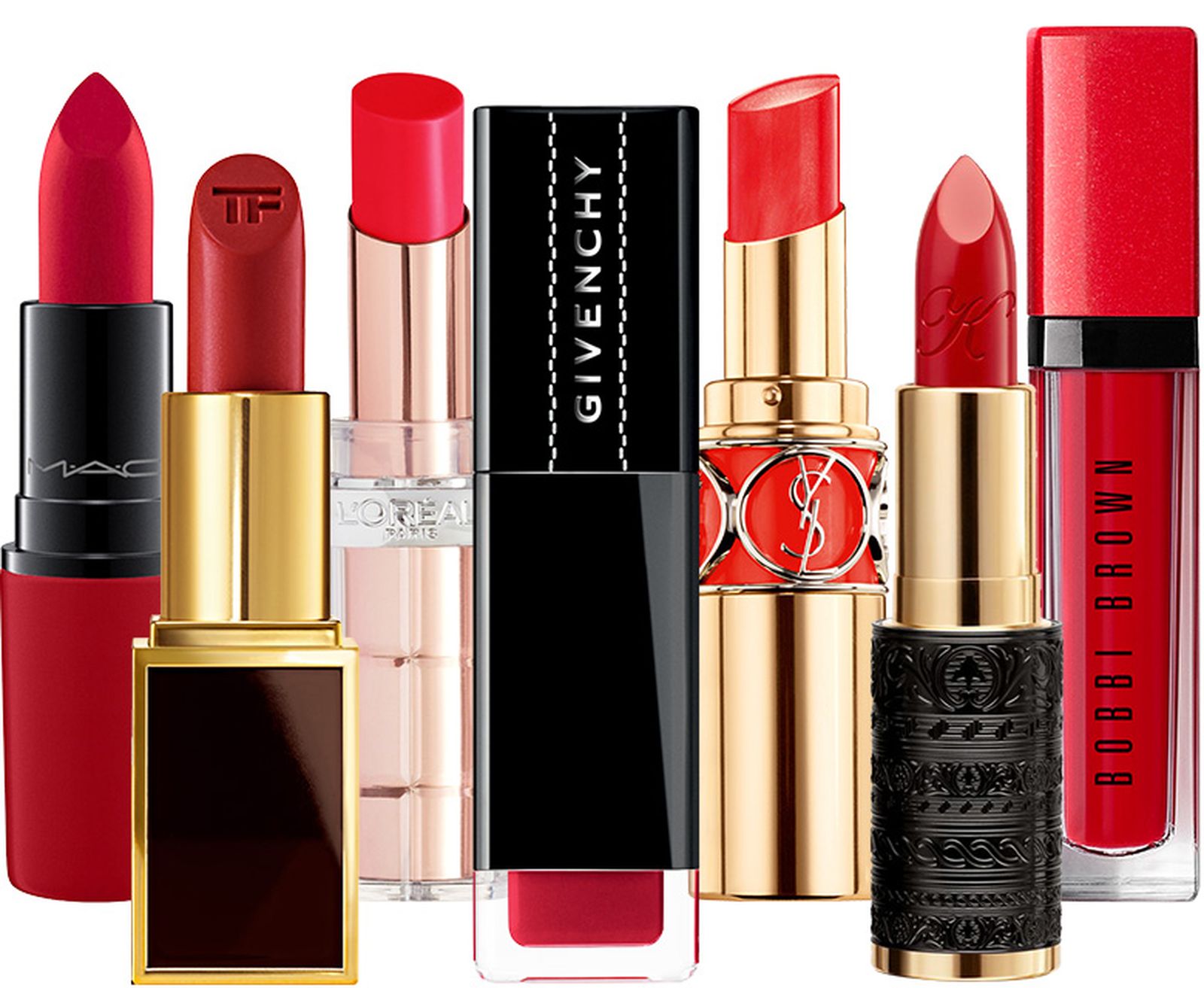 M.A.C In Monochrome Lipstick, Tom Ford Boys & Girls, L’Oréal Color Riche Plump and Shine Lipstick, Givenchy Encre Interdite, YSL Beauté Rouge Volupté Shine, By Kilian Le Rouge Parfum, Bobbi Brown Crushed Liquid Lip