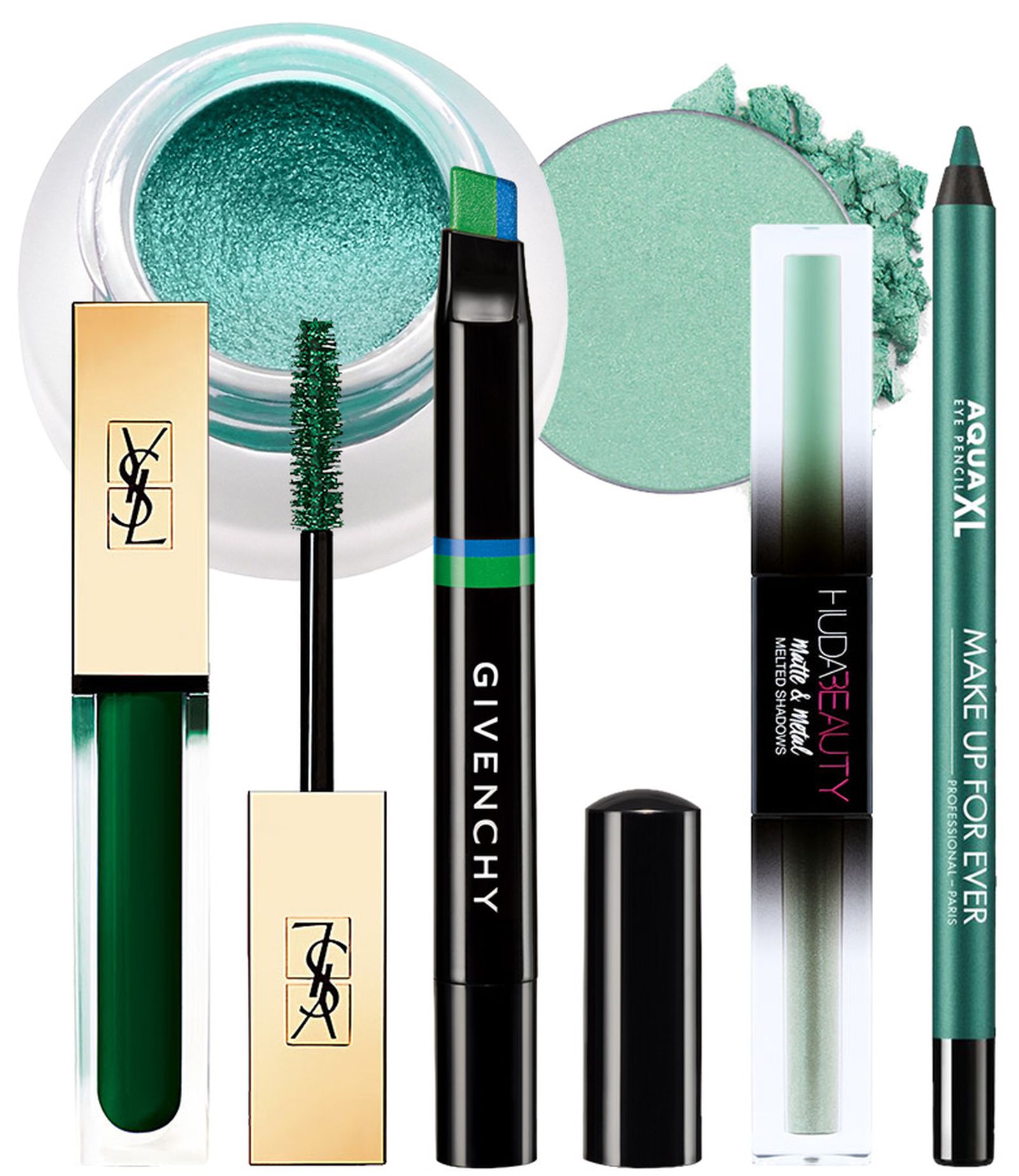 NYX Holographic Halo Cream Eyeliner, Anastasia Beverly Hills Eye Shadow Singles Aqua, Yves Saint Laurent Mascara Vinyl Couture, Givenchy Dual Liner The Power Of Color NYX Holographic Halo Cream Eyeliner, Anastasia Beverly Hills Eye Shadow Singles Aqua