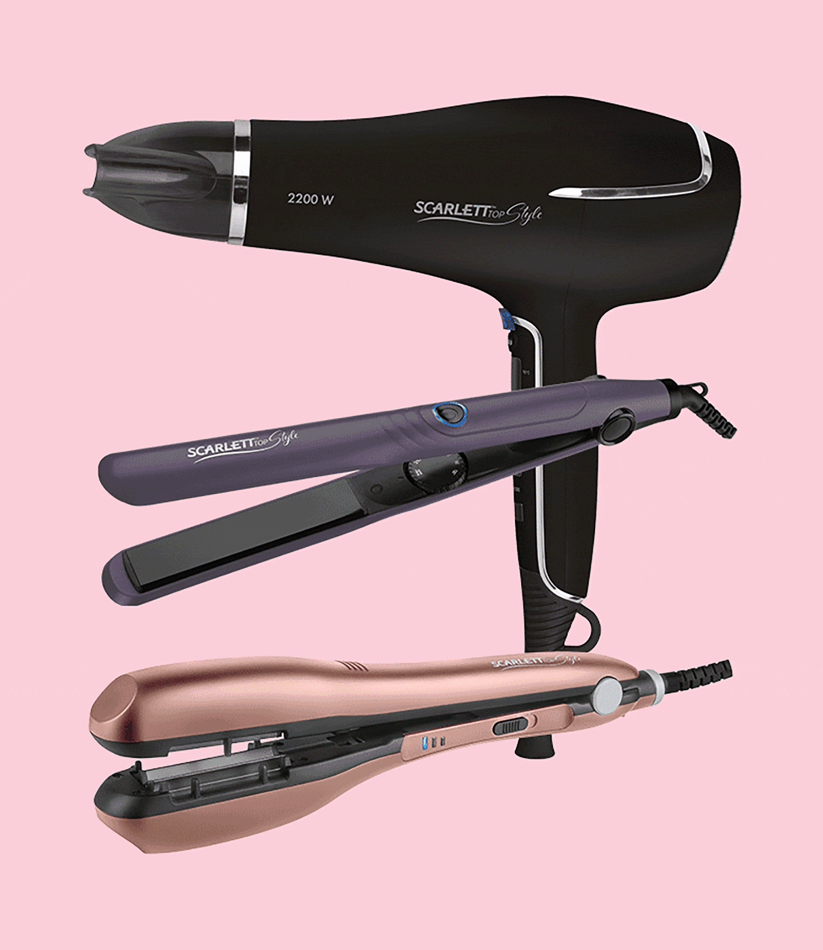 Scarlett TOP STYLE, фен SC-HD70I40, выпрямитель для волос SC-HS60T67, стайлер авто-гофре SC-HS60699, Taft гель-воск, Syoss Heat Protect