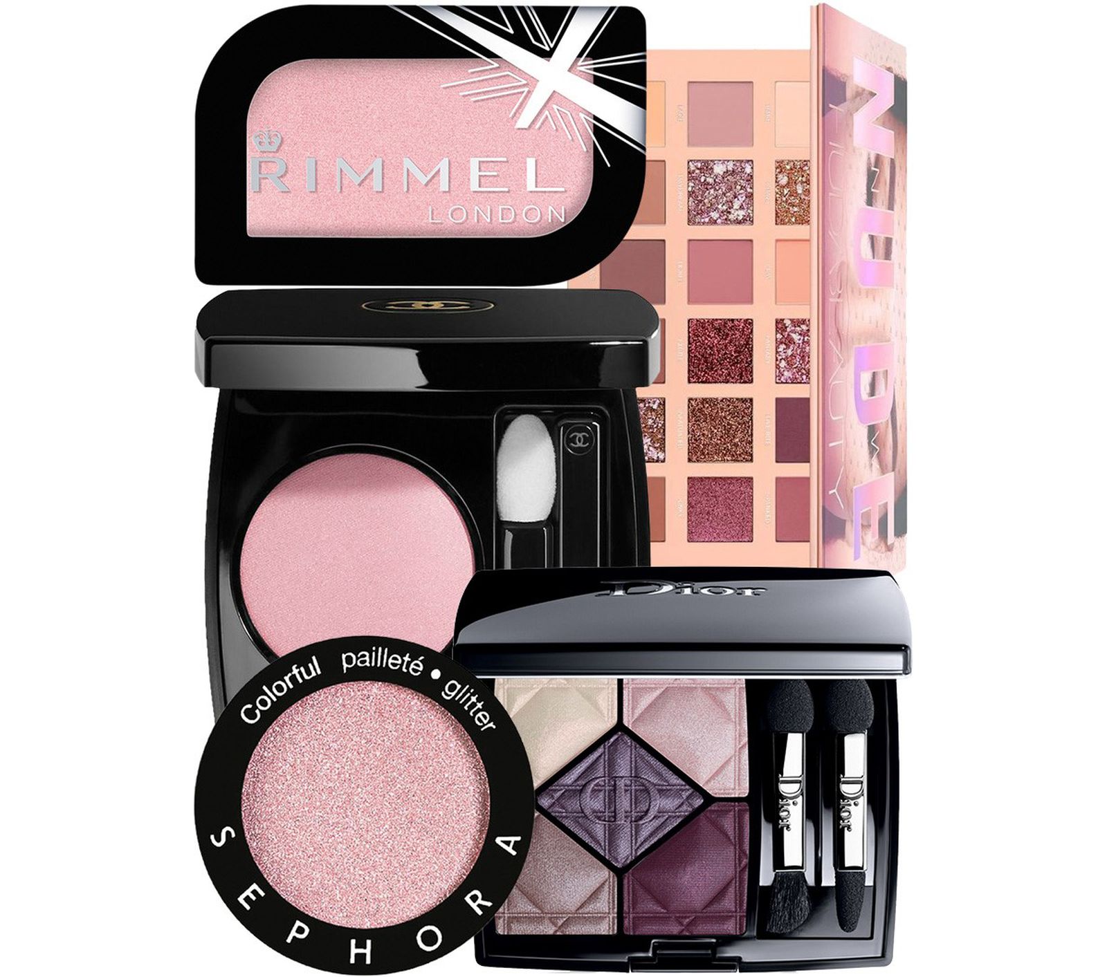 Rimmel Magnif'eyes Mono Eye Shadow, Huda Beauty The New Nude Palette, Chanel Ombre Premiere, Sephora Collection Colorful, Dior 5 Couleurs